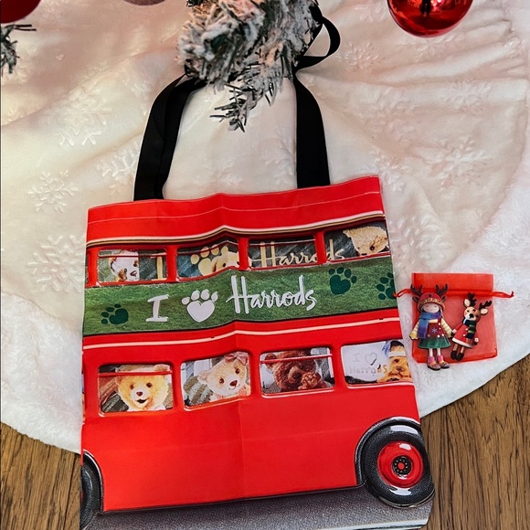 Harrods Red and Green Holiday Bus Tote with 2 Ornaments - Picture 1 of 5